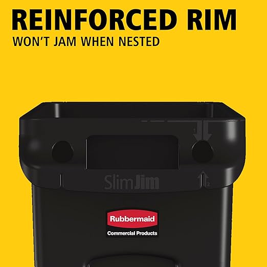 Rubbermaid Commercial Products Slim Jim Plastic Rectangular Trash/Garbage Can With Venting Channels, 23 Gal, Black, for Kitchen/Office/Workspace