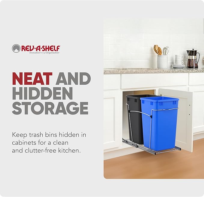 Rev-A-Shelf Pullout Trash Can for Kitchen Cabinets 27 Qt Garbage Recycling Bin with Full Extension Slides, Blue/Black, RV-15KD-2218C-S