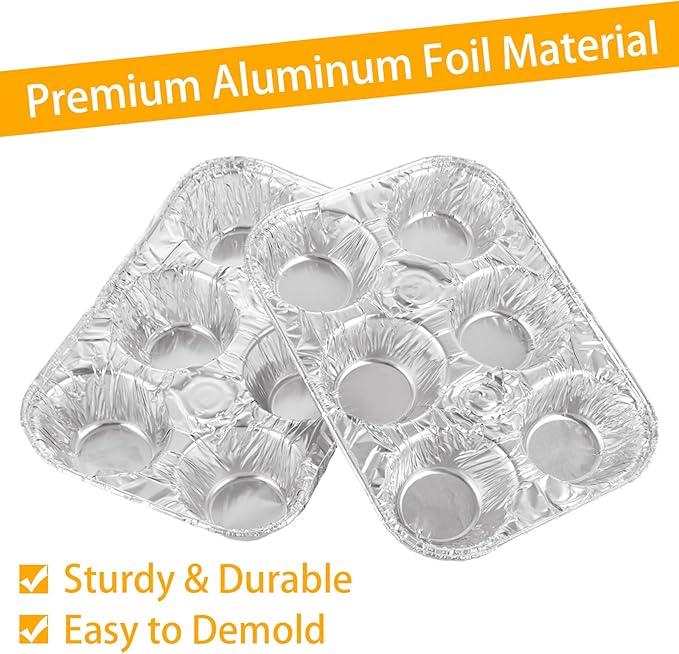 50 Pack 6-Cup Aluminum Muffin Pans, Disposable Muffin Tins for Baking, Standard Size Cupcake Pans for Baking Cupcakes, Muffins and Mini Quiches - 10 x 6.6 x 1.5 inch