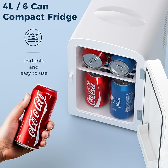 Antarctic Star Compact Refrigerator,Small Cooler for Cosmetics, Beverage and Food,Portable Mini Fridge,Skin Care 4L Capacity/6 Cans, Cooler and Warmer for Bedroom, Car, Office & Dorm,White