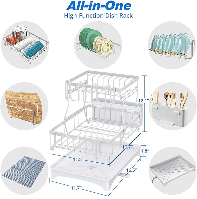 Godboat Dish Drying Rack, 2-Tier Dish Rack with Auto-Drain & Mat, Dish Racks for Kitchen Counter, Dish Drainer with Knife, Fork & Cup Rack, Gifts for Women, Mothers Day, Kitchen Gadgets, White