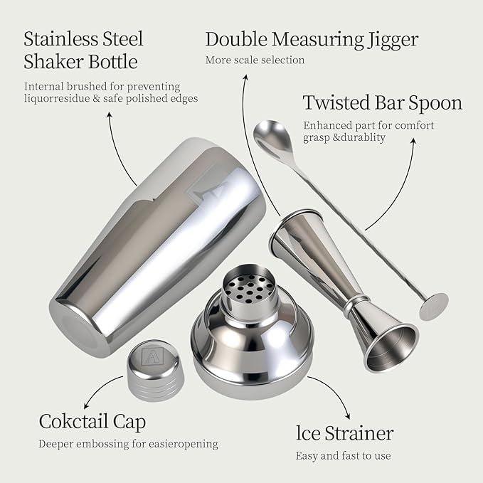 24oz Cocktail Shaker Set with 1 oz 2oz Jigger - Monogramm Initials Martini Shaker Set - 304 Stainless Steel Bar Shaker for Margarita,Mojito-Personalized Gift for Friend,Husband-V