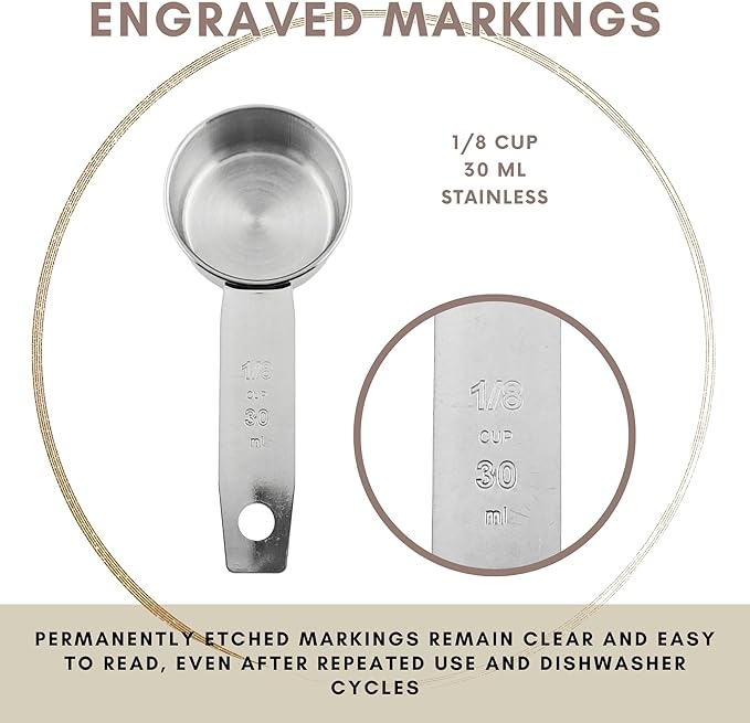 1/8 Cup Stainless Steel Measuring Cup | Sturdy Metal 30 ml | 30 cc | 1 oz | Single Cup for Wet and Dry Ingredients | Great for use as 1/8 Cup Coffee Scoop - 4 PK