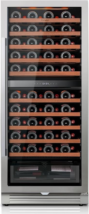 Ca'Lefort 90 Bottle Wine Fridge - 24 Inch Dual Zone Wine Cooler 40-65°F with Bottom Drawer, 10 Adjustable Shelves & 3 LED Lights, Energy Star Certified Built-in or Freestanding for Home/Bar/Kitchen