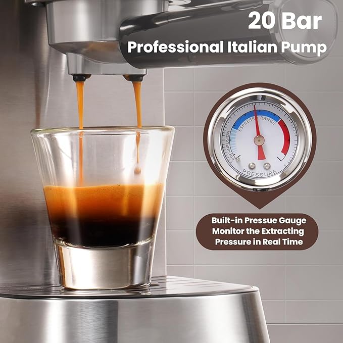Gevi Espresso Machine 20 Bar, Professional Espresso Maker Latte Machine with Milk Frother, Stainless Steel Expresso Coffee Machines for Home, Compact Cappuccino Machine, Great Gift Choice, Silver
