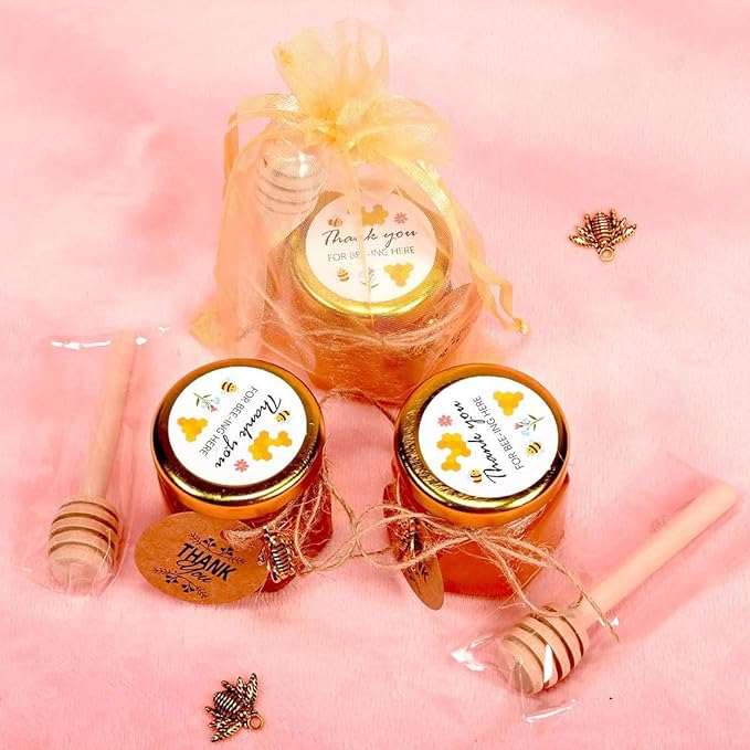 Adabocute Honey Pot, Glass Honey Jars, Small Honey Jars with Wooden Dippers, Bee Charms, Gold Gift Bags and Jutes Lids, Mini Honey Jars Baby Shower Favors, 1.5oz 40 Pack
