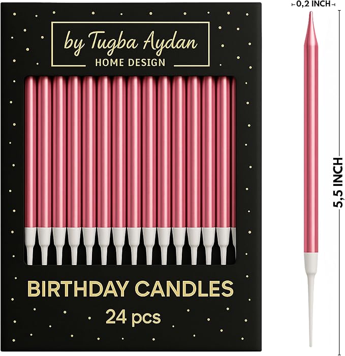 by Tugba Aydan - Pink Birthday Candles - 24 Count Long Thin Pink Birthday Candles for Cake, Metallic Cake Candle for Birthday, Party Candles