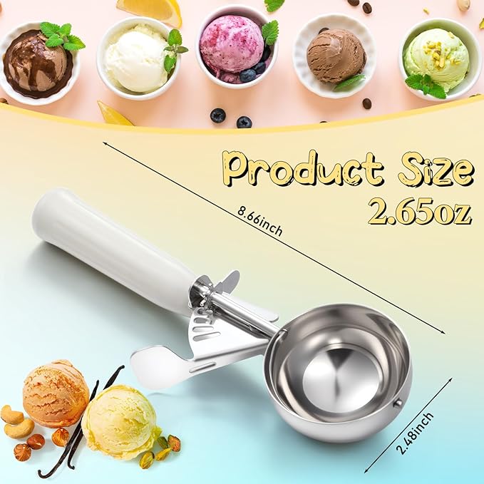Reallnaive 2 Pcs Release Cookie Scoops Ice Cream Scooper with Trigger Release Portion Scoop Stainless Steel for Portion Control, Baking Food, Cookie Dough (2.65 oz,Ivory)