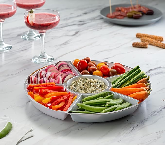 Plasticpro 6 Sectional Round Plastic Serving Tray/Platters White & Silver Pack of 2