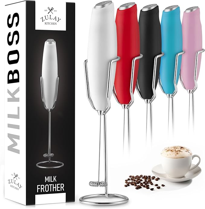 PRO MILK FROTHER WAND - ULTRA HIGH SPEED HANDHELD FROTHER - UPGRADED STAND - Powerful Handheld Mixer with Infinite Uses - Super Instant Electric Foam Maker with Stainless Steel Whisk (White)