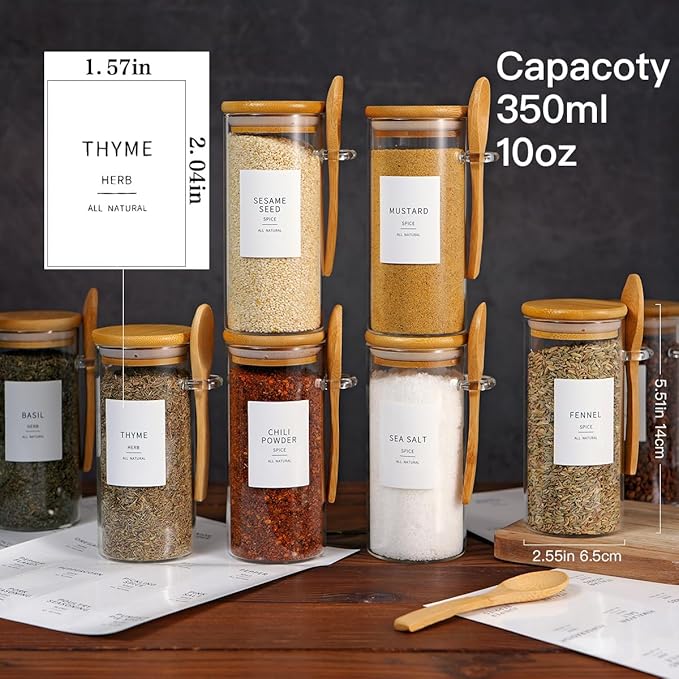 8 Pcs Glass Containers with Bamboo Lids and Spoons - 10 oz Sugar Container with 148 Kitchen Pantry Spice Jar Labels Preprinted - Glass Spice Jars with Wooden Lids Hold Coffee, Tea, Candy, Herbs