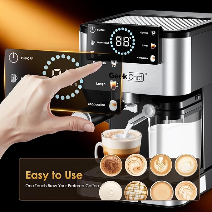Geek Chef Espresso Machine with Milk Frother, 20 Bar Automatic Espresso Maker, Fast Heating Coffee Maker for Cappuccino, Latte & Iced Coffee, Easy to Use & Clean, for Home Barista