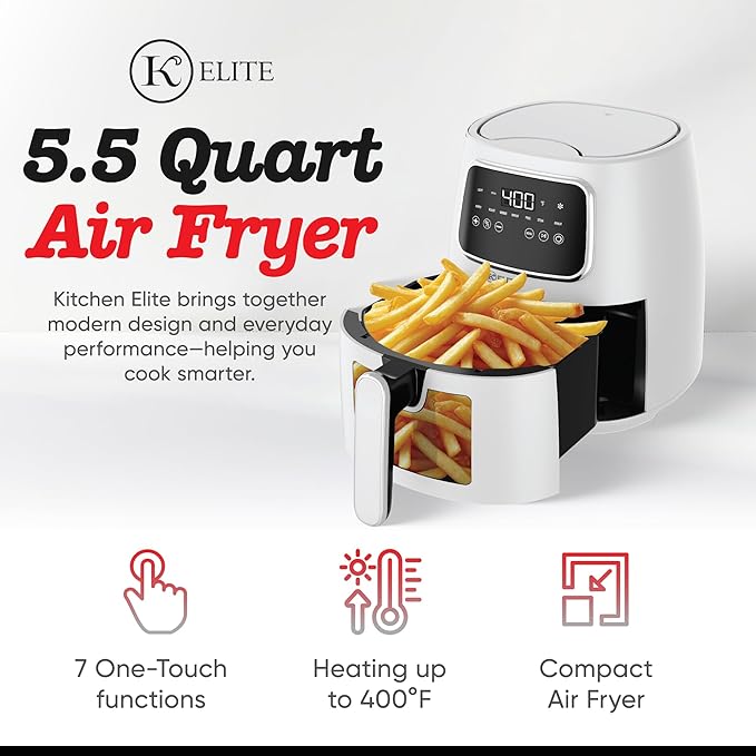 Kitchen Elite 5.5 Qt. Digital Air Fryer, Countertop Cooker with LED Screen, Presets for Air Fry, Roast, Dehydrate, Defrost and Reheat, White