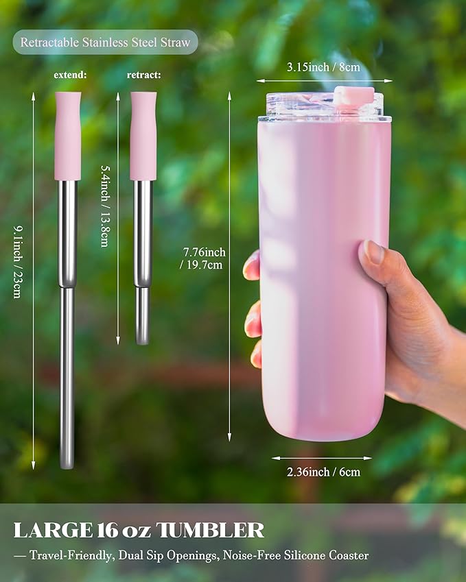 16 oz Insulated Coffee Tumblers, Travel Coffee Tumblers with Straw, Double-Wall Stainless Steel Tumbler, Leak Proof Tumbler, Reusable Cups with Lids for lced and Hot Drinks (Pink)