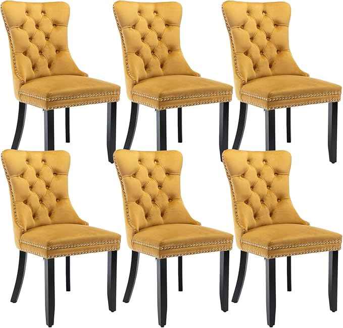 Velvet Dining Chairs Set of 6, Upholstered Dining Room Chairs with Back Ring Pull Trim and Solid Wood Legs,Tufted Wingback Kitchen Chair Perfect for Dining Room,Living Room,Kitchen(Gold)