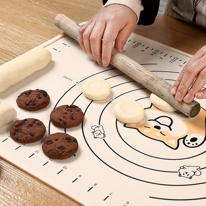 Silicone Pastry Mat 24"*16" Extra Thick Non Stick Baking Mat Food Grade Silicone Dough Rolling Bake Mat with Edge Heightening Cartoon Beige