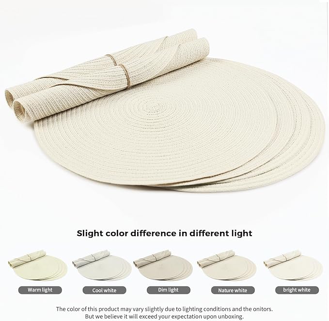 FunWheat Round Braided Placemats Set of 6 Place mats for Dining Tables Woven Heat Resistant Table Mats 15 inch (Ivory,6pcs)