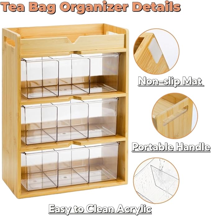 Tlence 4 Tier Bamboo Tea Bag Organizer, Vertical Wooden Tea Storage Box with Acrylic Drawer, Tea Storage Holder and Tea Station for Countertop Kitchen Office, 15.5" x 11" x 5.3"