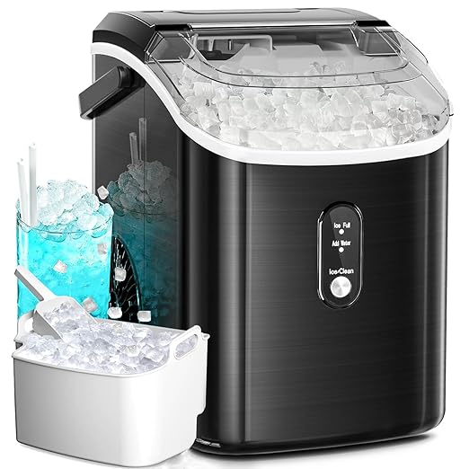 Antarctic Star Countertop Nugget Ice Maker, 34 Lbs/24H, Stainless Steel Pebble Ice Machine, One-Click, Self-Cleaning, Compact Ice Maker with Basket & Scoop, for Kitchen Office Bar, Steel Black