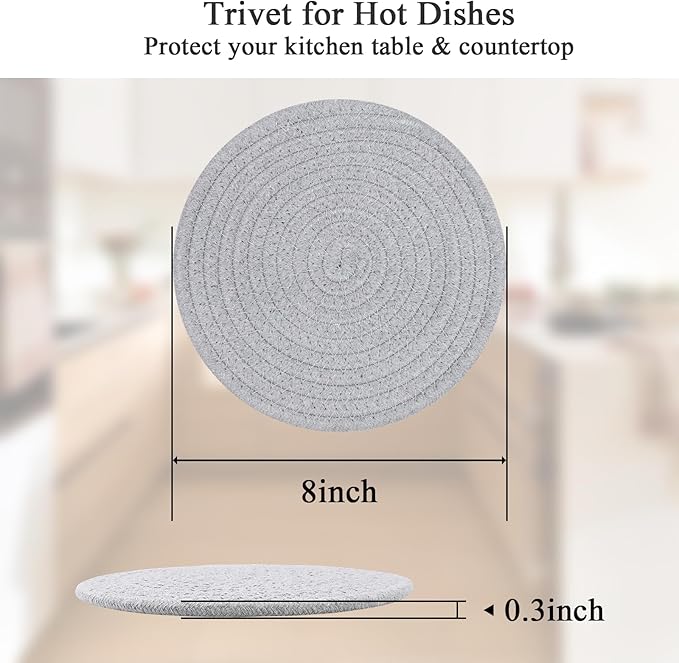 SHACOS 8 Inches Trivets for Hot Dishes, 4 Pieces Heat-Resistant Trivets Mats for Kitchen, Cotton Pot Holders for Hot Pots and Pans, Hot Pads for Countertops and Table, Gray and Light Gray