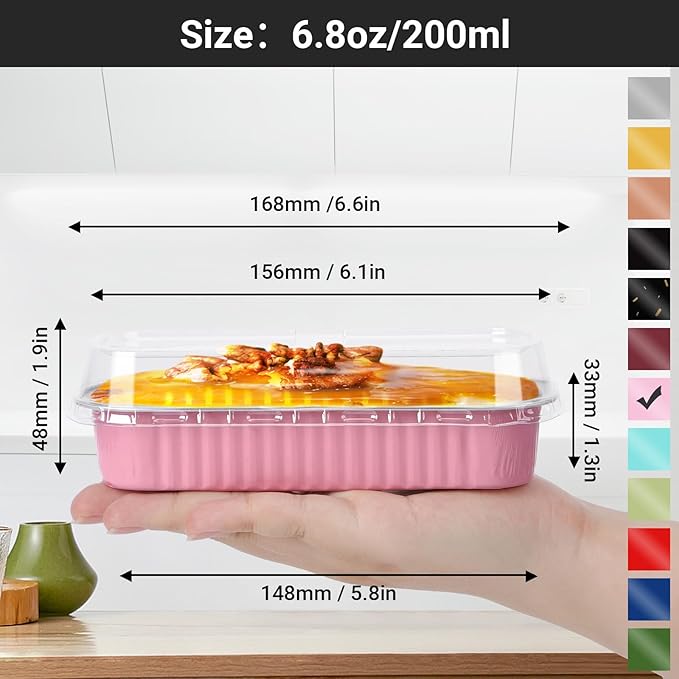 EUSOAR Dessert Cups with Lids, 100pcs 6.8oz 6.5"x2.5"x1.2" Pink Aluminum Foil Baking Cups Mini Loaf Pan Tin, Disposable Ramekins Containers Cheesecake Creme Brulee for Party Shower Wedding Gathering