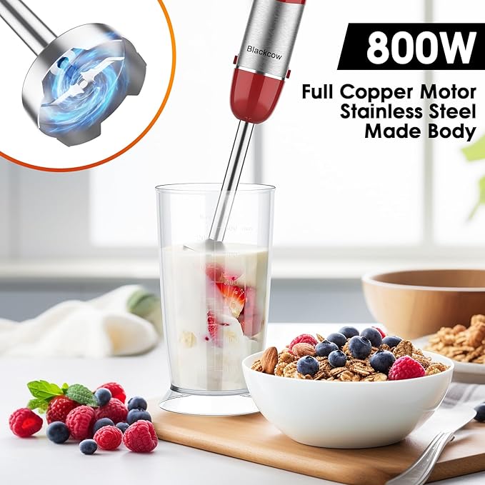 Blackcow Multi-Use 5 in 1 Immersion Blender 3.0, BPA-Free, 800W 12 Speed Hand Blenders for Kitchen, Copper Motor Stainless Steel Blade Emulsion Blender Handheld with Chopper, Whisk and Frother, Red