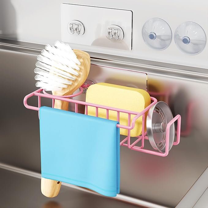 HapiRm Sink Caddy Sponge Holder - No Drill Sponge Holder for Kitchen Sink, Rustproof and Waterproof Kitchen Organizer - Pink
