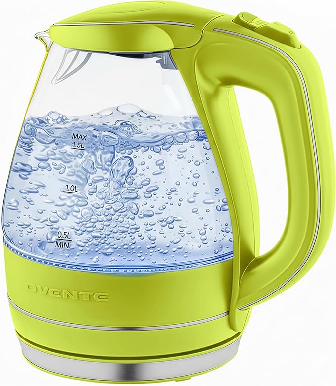 OVENTE Electric Kettle, 1.5L Borosilicate Glass Countertop Water Heater and Boiler for Coffee or Tea, BPA-Free, Auto Shut-Off, Boil-Dry Protection, Removable and Washable Spout Filter, Green KG83G