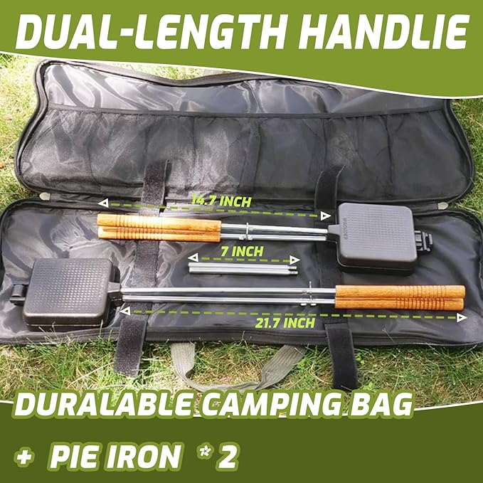Campfire Pie Iron 4.9" Large Cast Iron Sandwich Maker for Camping 2 Pcs with Storage Bag - 21.7 inch Adjustable Handles - Campfire Cooking Equipment for Grilling & Outdoor Cooking
