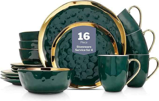 Stone Lain Florian Modern Porcelain 16 Piece Dinnerware Set, Plates and Bowls Set, Dish set for 4, Green and Golden Rim