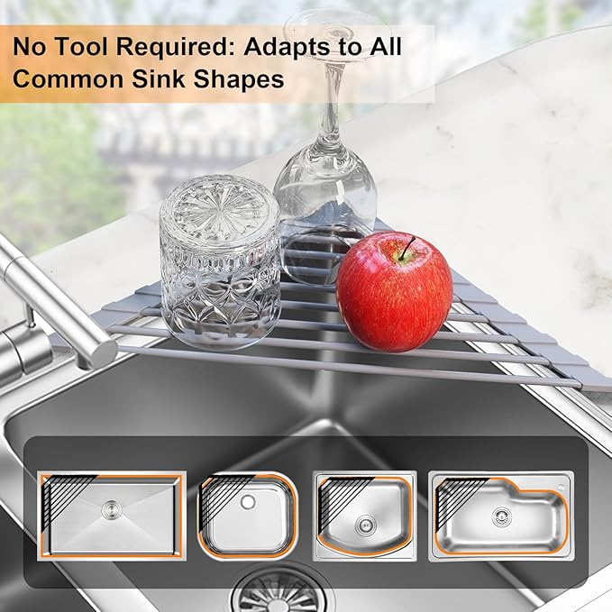 Corner Sink Caddy Kitchen Sink Organizer, Silicone Wrapped Triangle Roll Up Dish Drying Rack Over Sink Drainer Mat, Anti-Slip Sponge Holder Corner Shelf for RV Kitchen Sink Accessories Counter Storage