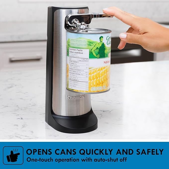 Kenmore Electric Can Opener - Arthritis-Friendly, Bottle Opener, Knife sharpener, Latas Abrelatas, Cord Storage, Automatic Countertop Appliance Stainless Steel Detachable Cutting Lever