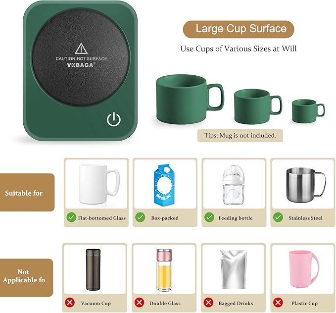 VOBAGA Coffee Mug Warmer for Desk with Auto Shut Off & 3-Temp Settings, Coffee Cup Warmer with Smart Safety Alert Home Office Accessory, Perfect for Coffee, Tea, Milk (No Mug)