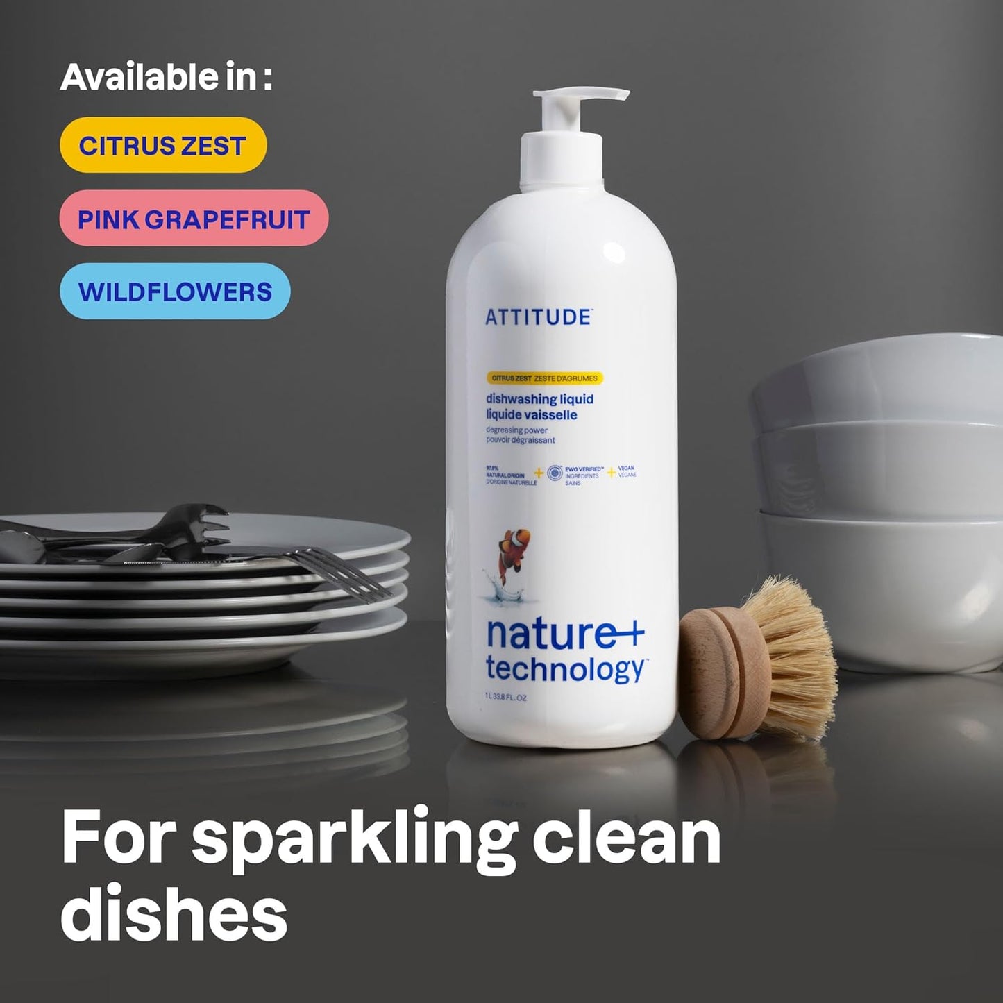 ATTITUDE Dish Soap, EWG Verified, Plant-Based & Vegan Dishwashing Liquid, Naturally Derived, Citrus Zest Scent, 33.8 Fl Oz