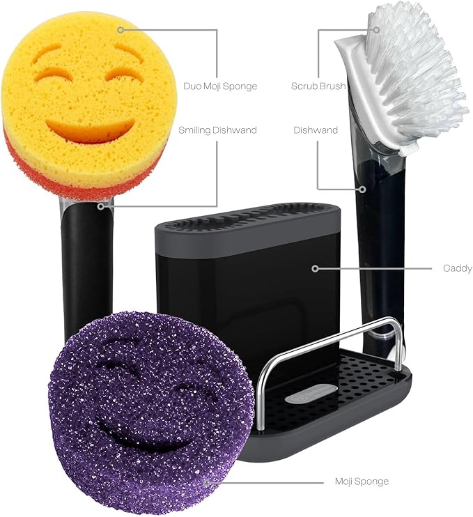 The Original Smiling Handle with Soap Dispensing for Scrub Daddy Sponges & Scrub Moji Sponges with Smilyeez Smile Caddy & Dishwand with 2 Scrub Brushes (Black)