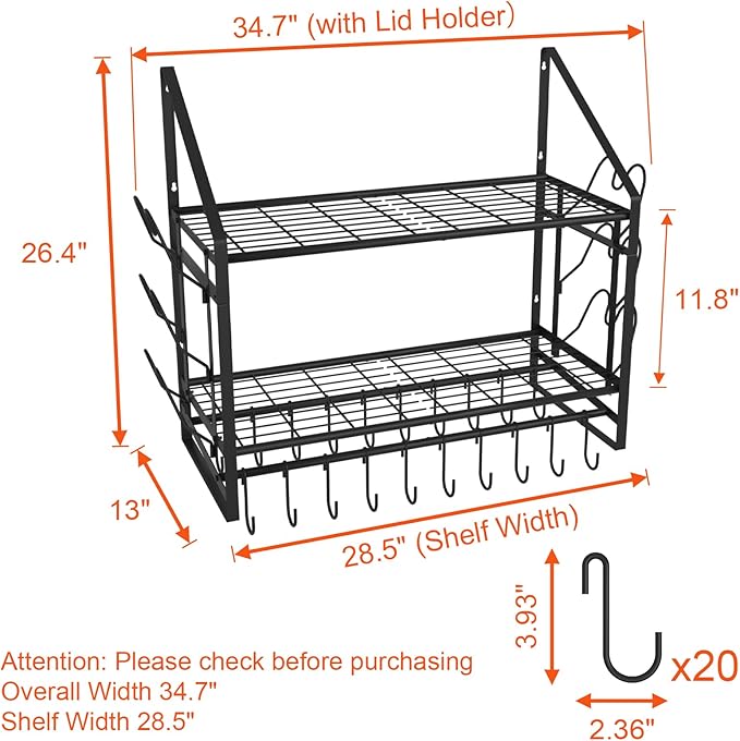 VyGrow 28 Inch Pot Rack Wall Mounted, 2 Tier Pots and Pans Organizer with 20 Hooks and 6 Pot Lid Holders, Heavy Duty Steel Pot and Pan Hanger for Kitchen Cookware Utensils Storage 34.7" Lx13 Wx26.4 H