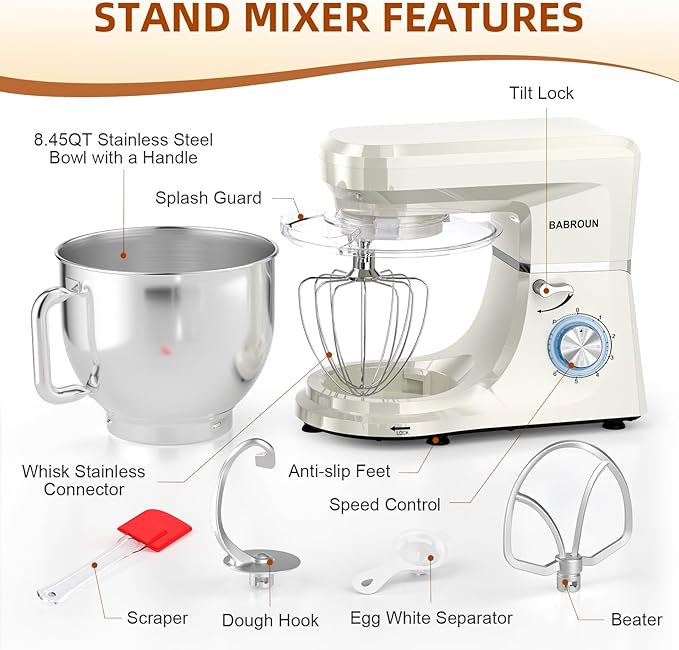 Dough Mixer 8.45 QT Electric Mixer - 660W 6 Speed Large Capacity Kitchen Stand Mixer with Whisk Dough Hook Mixing Beater Household Food Mixer for Baking Cakes Cookie Bread Salad
