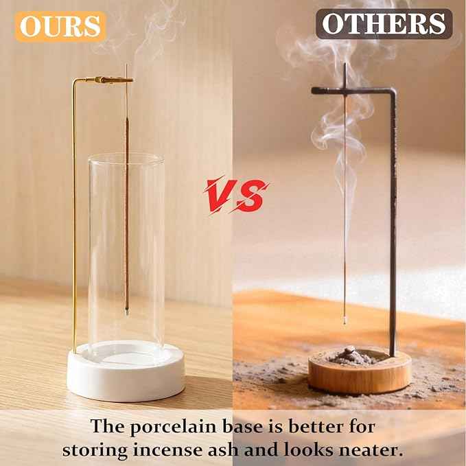 CEREMONY Incense Holder, Ceramic Incense Holder for Sticks with Glass Ash Catcher, Incense Burner for Meditation Yoga Spa Room Decor(Beige)