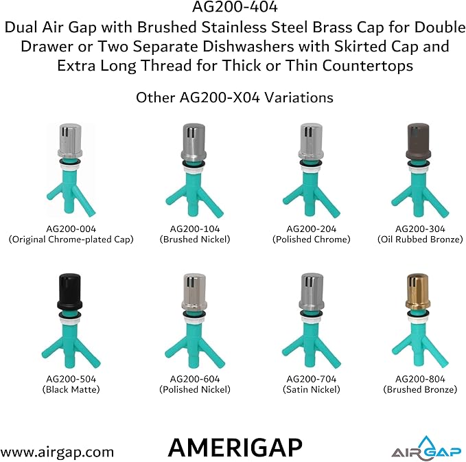 Dual Air Gap with Brushed Stainless Steel Brass Cap for Double Drawer or Two Separate Dishwashers with Skirted Cap and Extra Long Thread for Thick or Thin Countertops (AG200-404, AG200-X04, AMERIGAP)