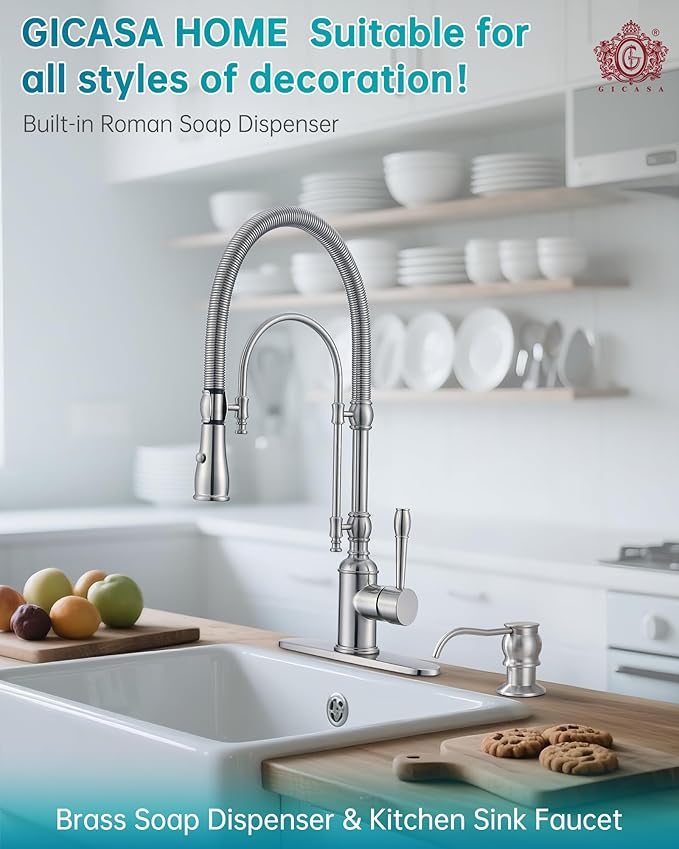 Built in Deck Mount Liquid Lotion Kitchen Countertop Metal Soap Dispenser, Brushed Nickel Brass Dispenser Pump with 500ml (17oz) High Capacity Bottle