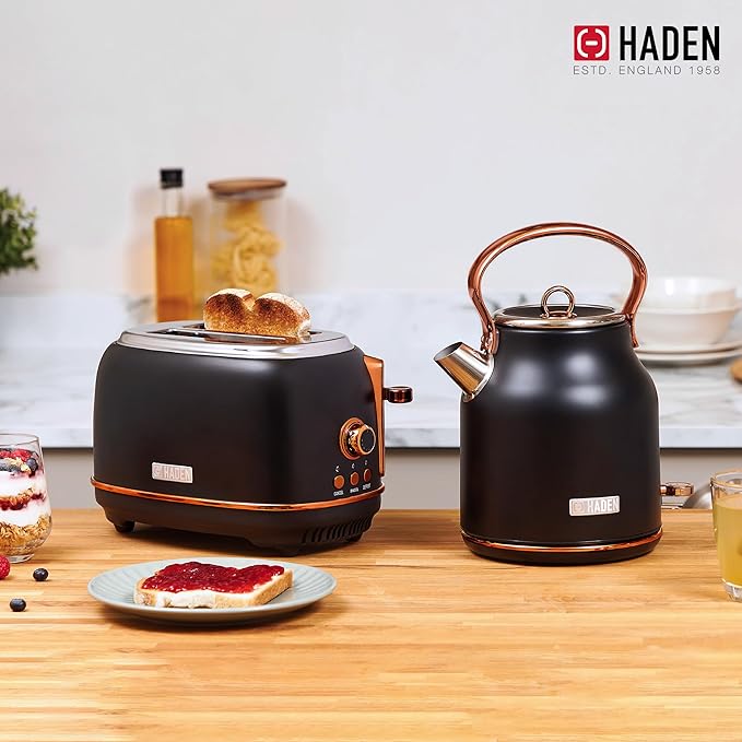 Haden Heritage 1.7 Liter Stainless Steel Electric Water Kettle Bundled with 2 Slice Wide Slot Stainless Steel Toaster, Black & Copper