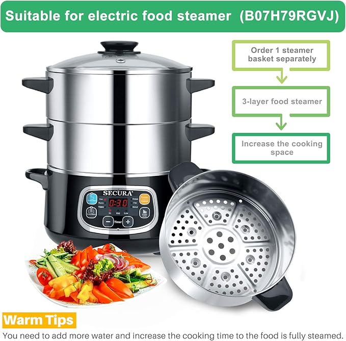 Secura Steamer Basket 304 Stainless Steel Food Steamer 1 Tier for 8.5 Quart Electric Food Steamer
