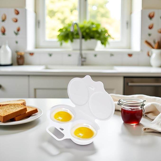 White Egg Poacher, Microwave Egg Boiler Poacher, Microwave Egg Poacher, 2 Cavity Nonstick Poached Egg Maker With Lid, Egg Cooker, Double Drain Poached Cups Specialty Cookware