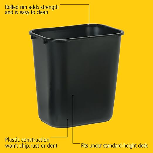 Rubbermaid Commercial Products Wastebasket/Trash Can, 7-Gallon/28-Quart, Black, Plastic, for Bedroom/Bathroom/Office, Fits Under Desk/Sink/Cabinet, Pack of 4