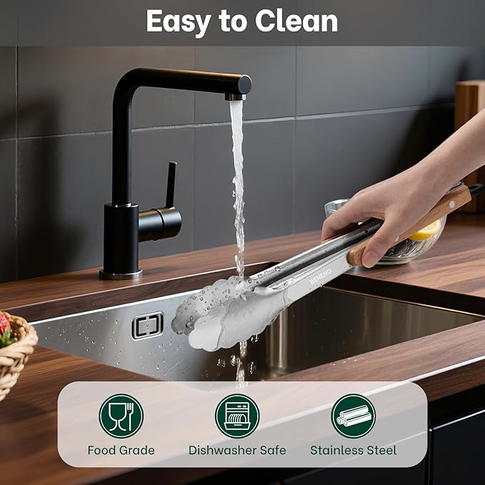 Beneno 12-Inch Food-Grade Stainless Steel Kitchen Tongs with Heat-Insulating Wooden Handle & Non-Slip Scalloped Tips, Heavy Duty Locking Food Tongs for Cooking, Grilling, BBQ and Serving