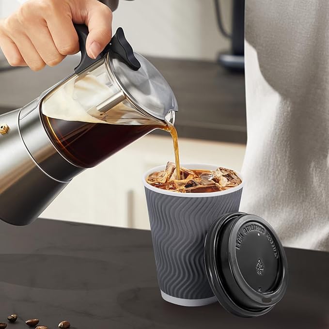 500 Pack Coffee Cups with Lids 12oz, Disposable Insulated Ripple Wall To Go Paper Coffee Cups for Hot/Cold Drinks Office Home Shop Event (Grey)