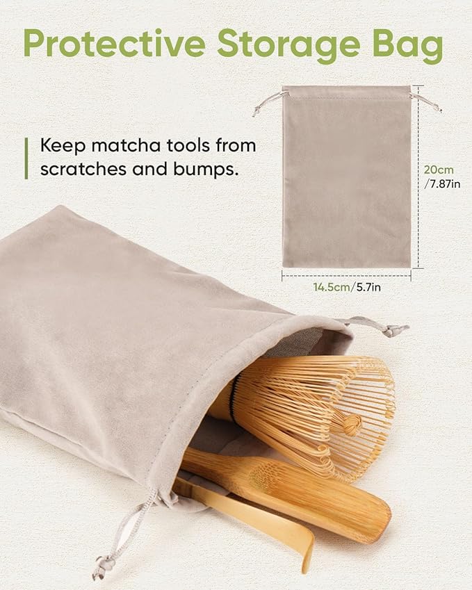 Matcha Whisk and Holder Set, Bamboo Brush, Scoop, Tea Spoon and Ceramic Whisk Stand, Traditional Green Tea Making Kits