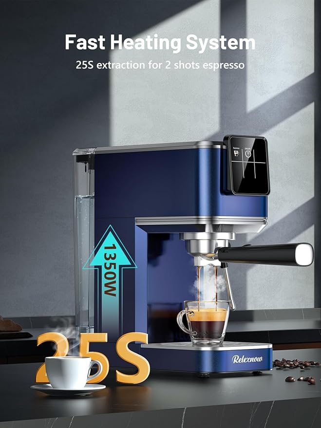 RELEXNOW Espresso Machine, 20 Bar Espresso Maker Milk Frother & LCD Panel, Hot & Iced Coffee Machine, Stainless Steel Espresso Coffee Machine with 41oz Water Tank for Cappuccino, Latte