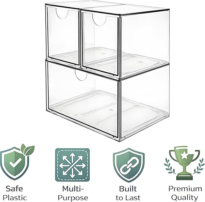 Coffee Pod and Tea Bag Organizer Drawer – Crystal-Clear Acrylic Tea Bag Drawer, Easy to Clean & Stackable for K-Cups, Tea, Sugar Packets in Office, Gym & Kitchen Cupboard (3-Pack)