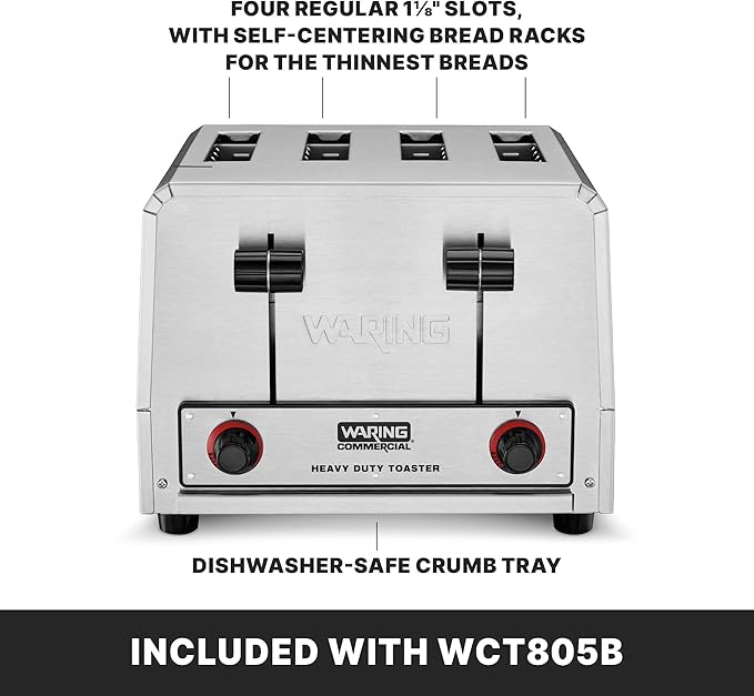 Waring Commercial WCT805B 4-Slice Heavy Duty Commercial Pop-Up Toaster, 208/240V, 2028/2700W, 6-20 Phase Plug, Silver, 10.5 x 11.5 x 9 inches